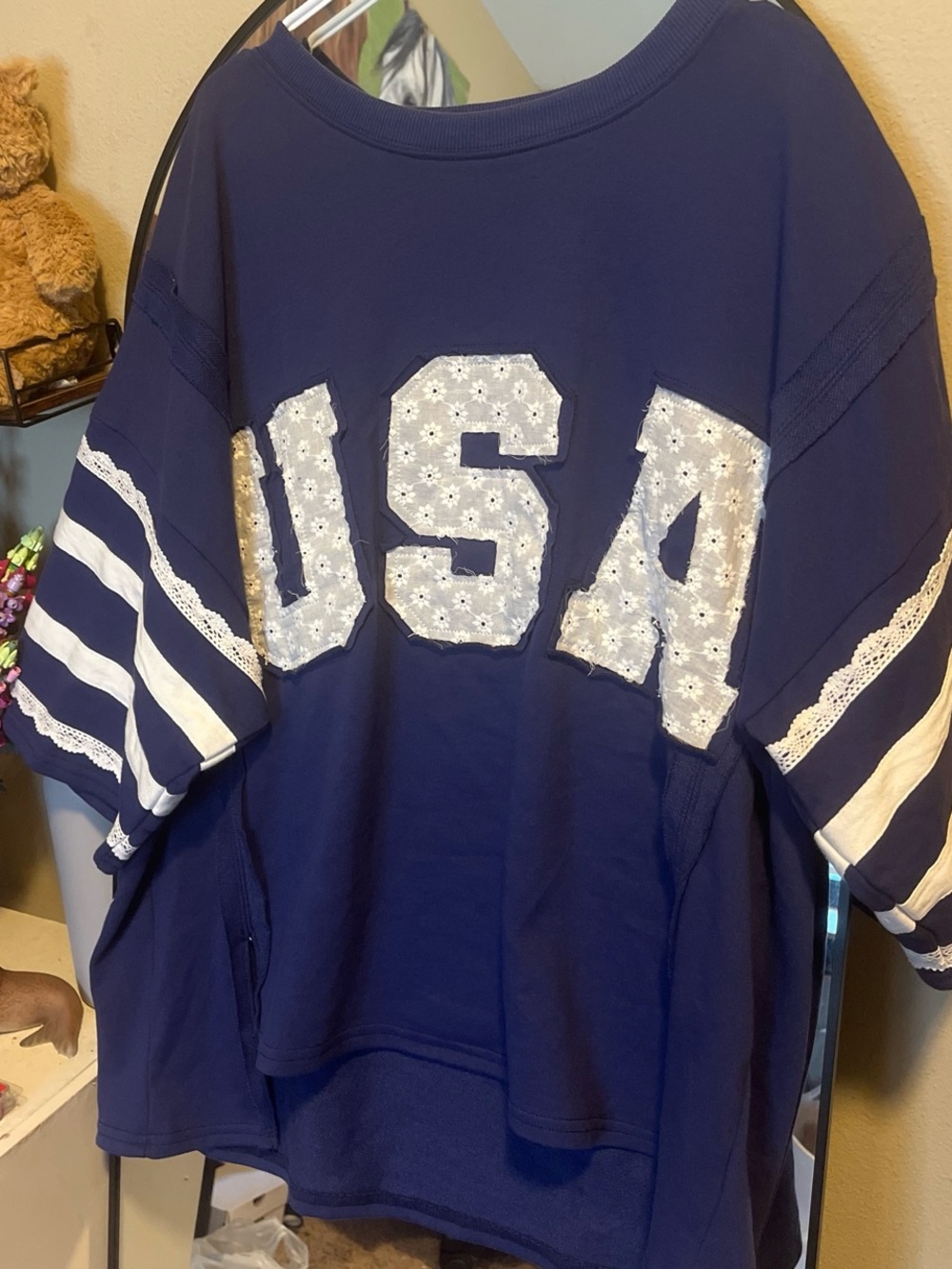 Navy Crewneck Sweatshirt with White Lace USA Appliqué